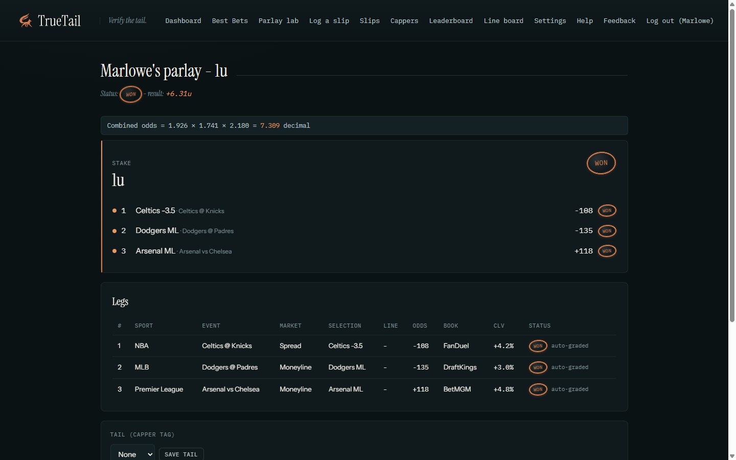 A graded TrueTail parlay slip with a WON seal and full leg-by-leg receipts