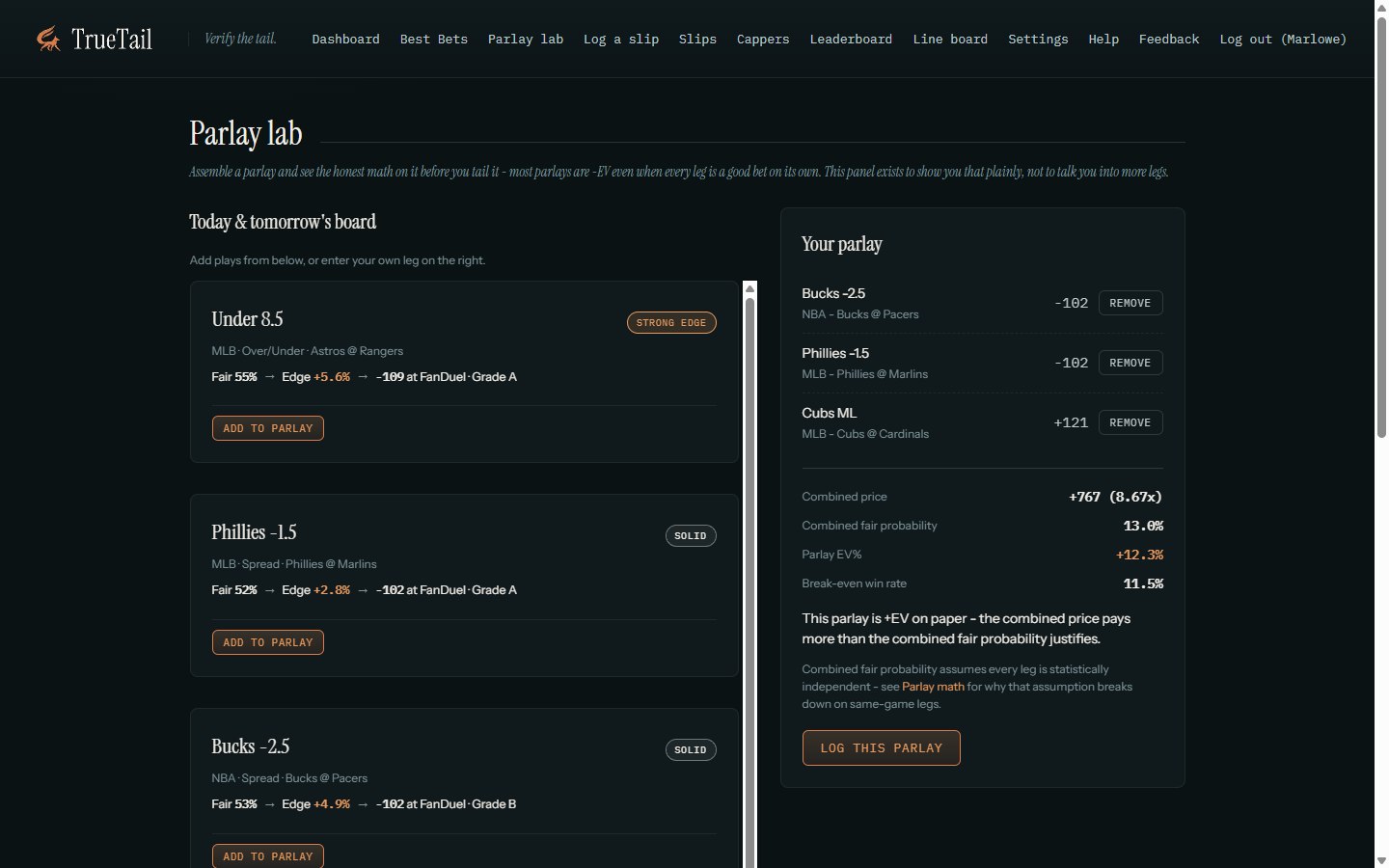 TrueTail Parlay lab with three legs assembled, showing combined price, combined fair probability, parlay EV percent, and break-even win rate